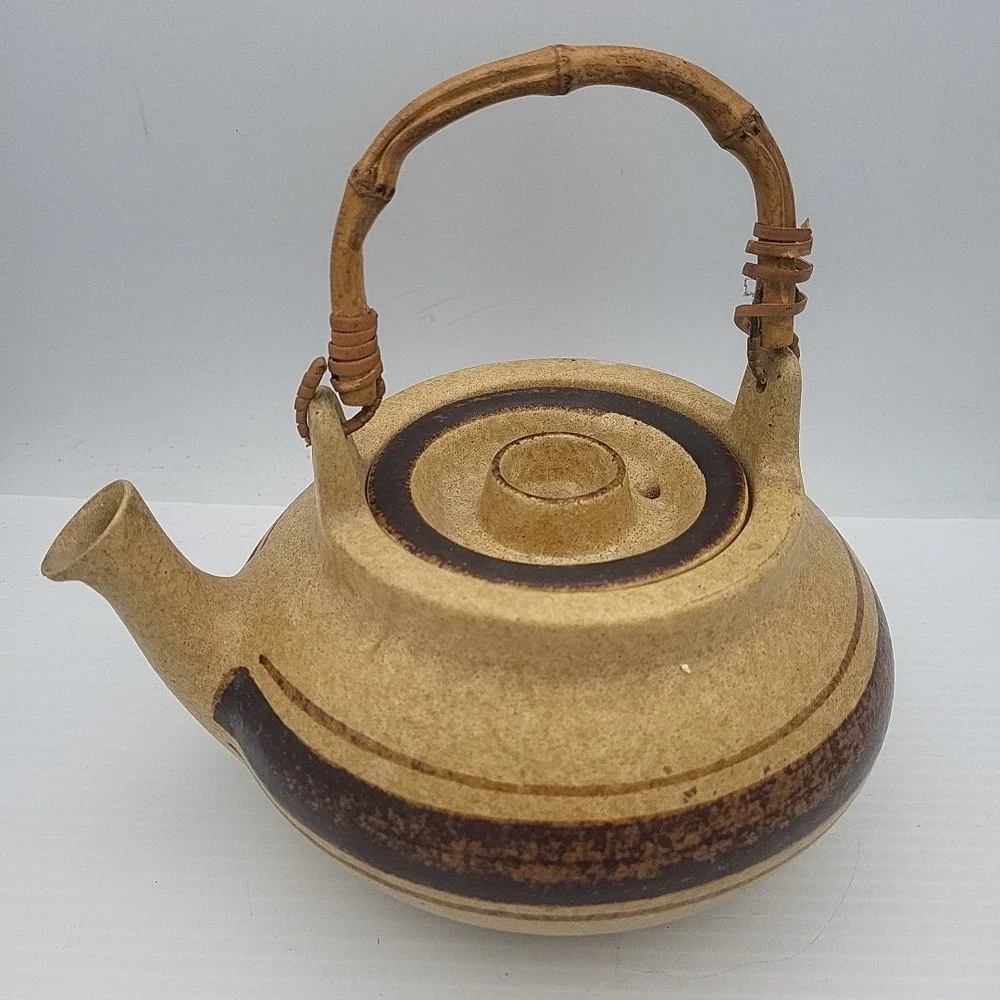 Vintage Pottery craft  Brown Cream Bamboo Handle Tea/ Coffee‎ pot